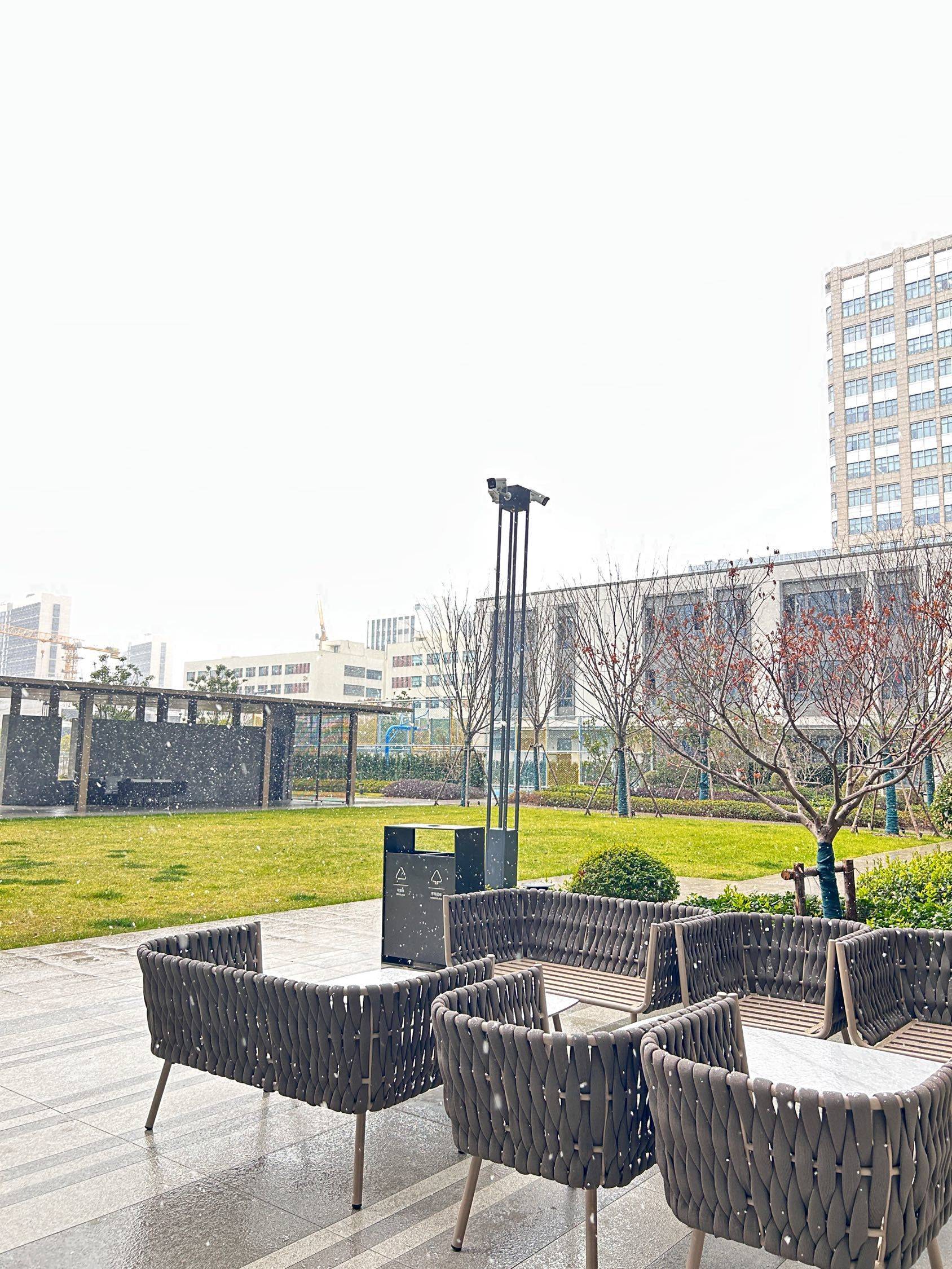 小院的雪景，雪一片一片落下