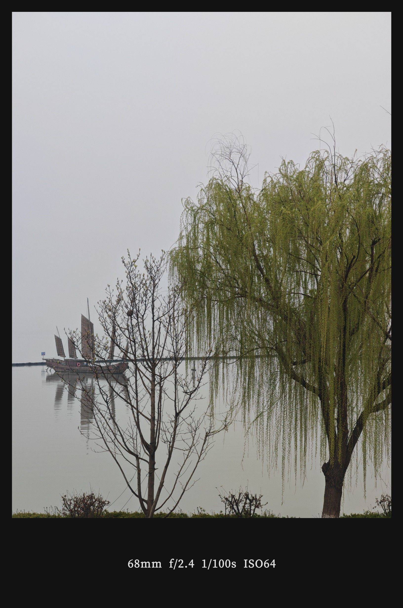  湖边柳影  水岸轻舟  烟雨朦胧
