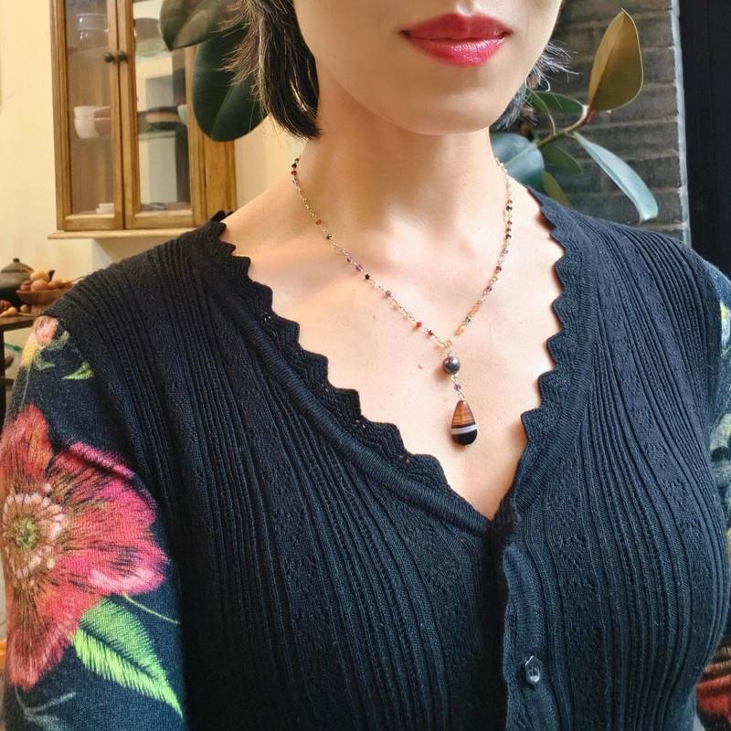 绝美的水滴型缠丝玛瑙坠子+黑珍珠、彩宝