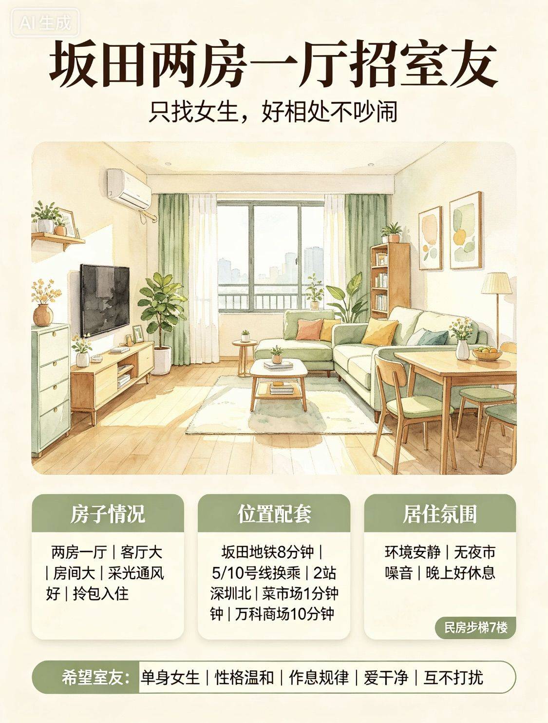 深圳坂田双地铁，寻女生合租室友_1